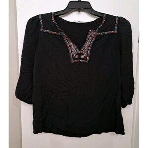 Pioneer Woman Size Small Split Neck 3/4 Sleeve Floral Embroidered Black Tunic